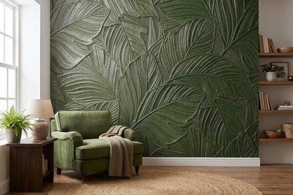 Tapet Frunze tropicale în relief, cu un contur delicat, în nuanțe de verde intens, Fototapet Textură, w09886v1 : Uwalls.ro