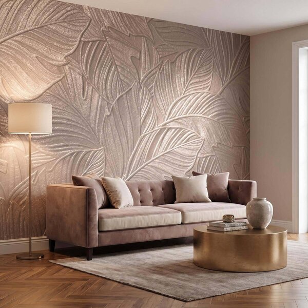 Tapet Frunze tropicale în relief, cu un model delicat, în nuanțe calde de bej, Fototapet Textură, w09886 : Uwalls.ro