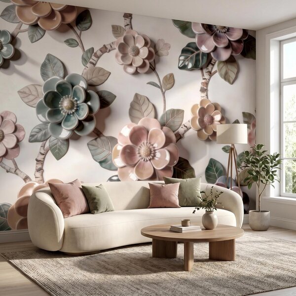 Tapet Flori ceramice tridimensionale într-o paletă de culori pastelate delicate, Fototapet Flori, w09887 : Uwalls.ro