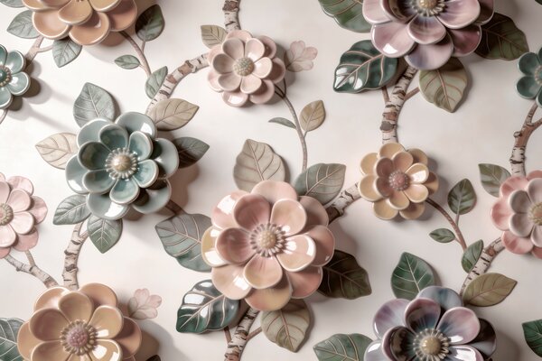 Tapet Flori ceramice tridimensionale într-o paletă de culori pastelate delicate, Fototapet Flori, w09887 : Uwalls.ro