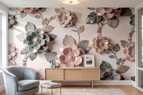 Tapet Flori ceramice tridimensionale într-o paletă de culori pastelate delicate, Fototapet Flori, w09887 : Uwalls.ro