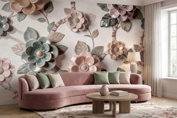 Tapet Flori ceramice tridimensionale într-o paletă de culori pastelate delicate, Fototapet Flori, w09887 : Uwalls.ro