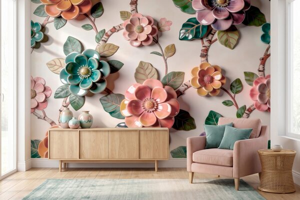 Tapet Flori și frunze ceramice tridimensionale într-o paletă de culori vibrante, Fototapet Flori, w09887v2 : Uwalls.ro