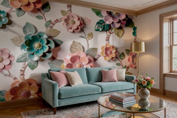 Tapet Flori și frunze ceramice tridimensionale într-o paletă de culori vibrante, Fototapet Flori, w09887v2 : Uwalls.ro