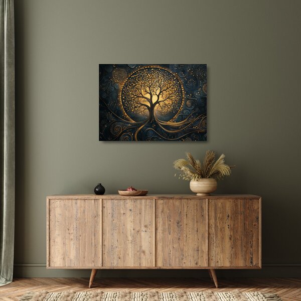 Tablou pe sticlă – Arbore cu aură aurie (70x50 cm)