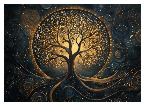 Tablou pe sticlă – Arbore cu aură aurie (70x50 cm)