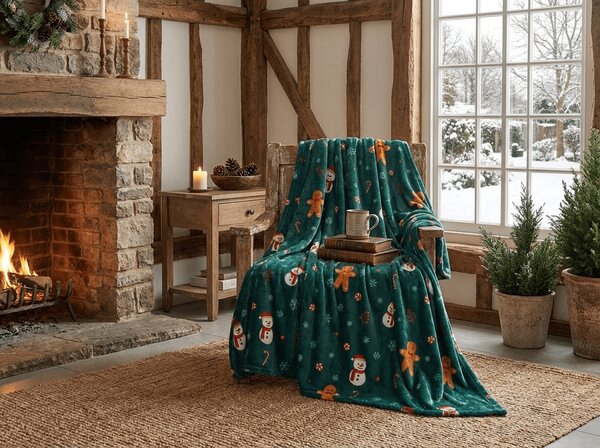Patura microplus de Craciun SNOWMAN AND GINGERBREAD verde Dimensiuni: 150 x 200 cm
