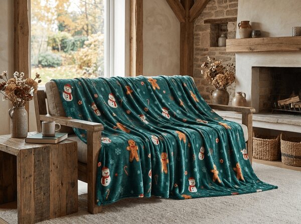 Patura microplus de Craciun SNOWMAN AND GINGERBREAD verde Dimensiuni: 150 x 200 cm