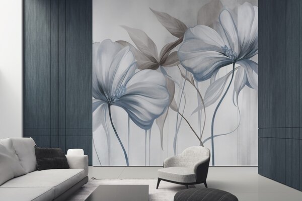 Tapet Flori abstracte, delicate, cu tulpini subțiri, albastre și frunze în nuanțe discrete, cu textură, Fototapet Flori, w10058v1 : Uwalls.ro