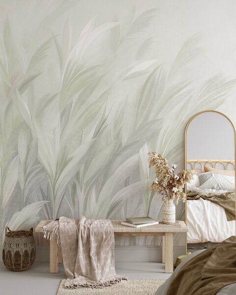 Tapet Iarbă înaltă și pufoasă, în nuanțe delicate de verde pastel, pe un fundal cu textură ușoară, Fototapet Natură, w10060v1 : Uwalls.ro