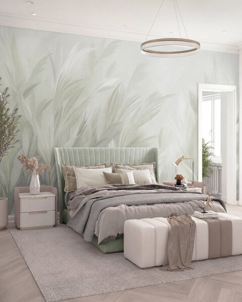 Tapet Iarbă înaltă și pufoasă, în nuanțe delicate de verde pastel, pe un fundal cu textură ușoară, Fototapet Natură, w10060v1 : Uwalls.ro