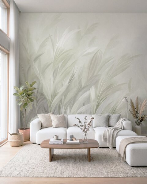 Tapet Iarbă înaltă și pufoasă, în nuanțe delicate de verde pastel, pe un fundal cu textură ușoară, Fototapet Natură, w10060v1 : Uwalls.ro