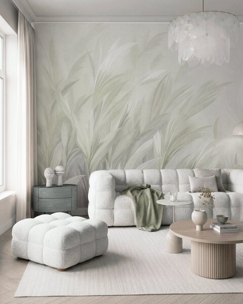 Tapet Iarbă înaltă și pufoasă, în nuanțe delicate de verde pastel, pe un fundal cu textură ușoară, Fototapet Natură, w10060v1 : Uwalls.ro