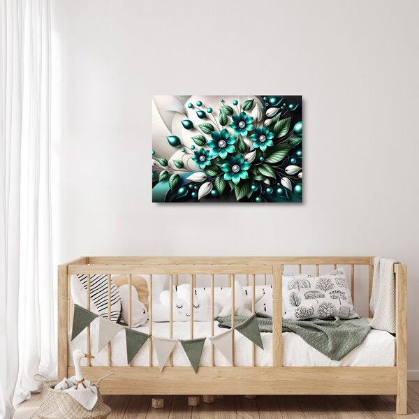 Tablou pe sticlă - Flori turcoaz 3D (70x50 cm)