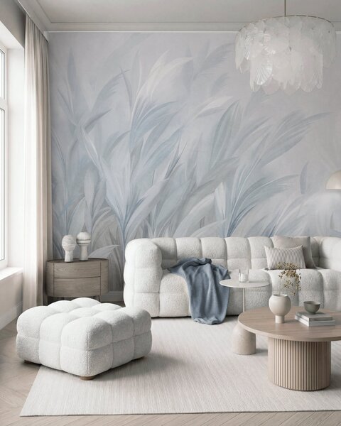 Tapet Iarbă înaltă și pufoasă, în nuanțe delicate de albastru pastel, pe un fundal cu textură ușoară, Fototapet Natură, w10060v2 : Uwalls.ro