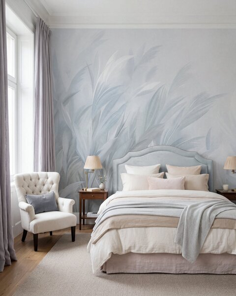 Tapet Iarbă înaltă și pufoasă, în nuanțe delicate de albastru pastel, pe un fundal cu textură ușoară, Fototapet Natură, w10060v2 : Uwalls.ro