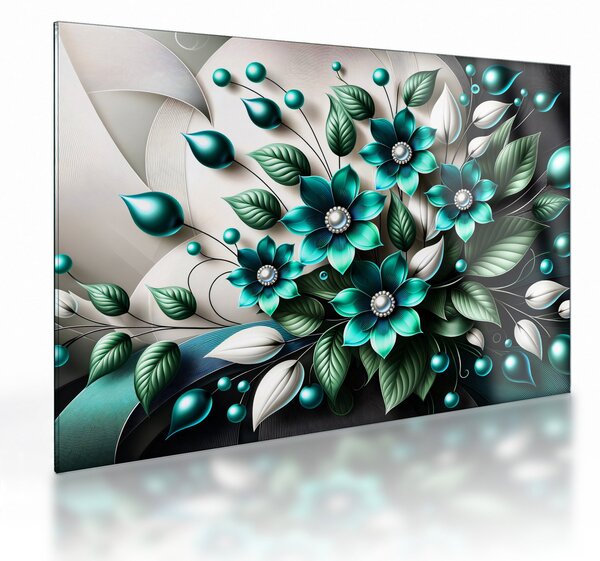 Tablou pe sticlă - Flori turcoaz 3D (70x50 cm)