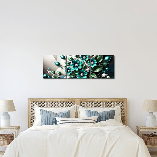 Tablou - Flori turcoaz 3D (cu ceas) (90x30 cm)