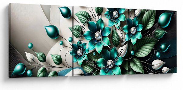 Tablou - Flori turcoaz 3D (cu ceas) (90x30 cm)
