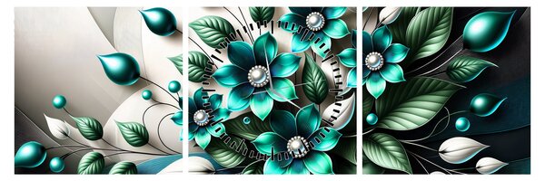 Tablou - Flori turcoaz 3D (cu ceas) (90x30 cm)