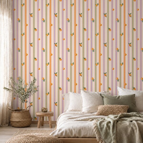 Tapet Fructe portocalii pe dungi multicolore, Tapet geometrie, Tapet dungi, a01263v2 : Uwalls.ro