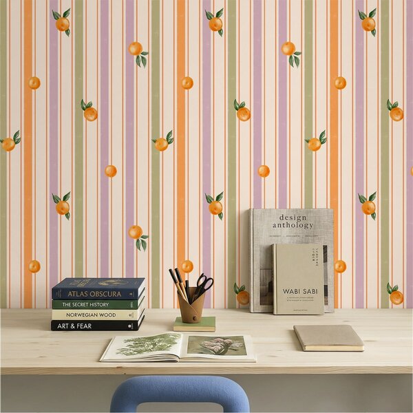 Tapet Fructe portocalii pe dungi multicolore, Tapet geometrie, Tapet dungi, a01263v2 : Uwalls.ro