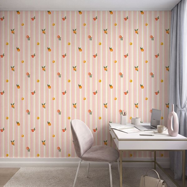 Tapet Fructe portocalii pe fundal cu dungi roz și crem, Tapet geometrie, Tapet dungi, a01263v4 : Uwalls.ro