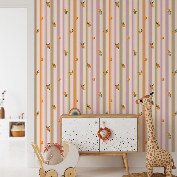 Tapet Fructe portocalii pe dungi multicolore, Tapet geometrie, Tapet dungi, a01263v2 : Uwalls.ro