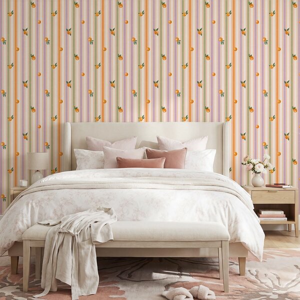 Tapet Fructe portocalii pe dungi multicolore, Tapet geometrie, Tapet dungi, a01263v2 : Uwalls.ro