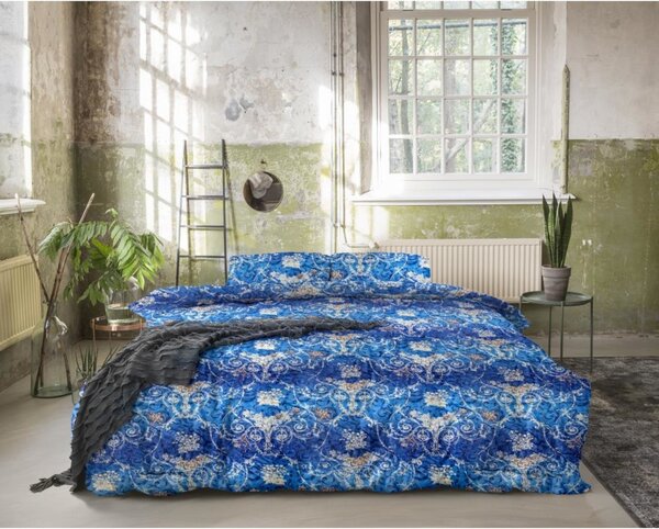 Lenjerie de pat pentru doua persoane, Royal Textile, Primaviera Deluxe Jane Blue, 3 piese, 100% bumbac satinat, multicolor
