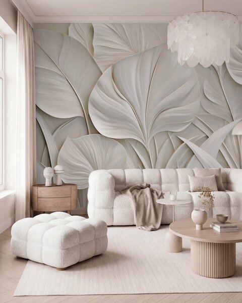 Tapet Frunze mari, realizate în stil basorelief, Fototapet 3D, Fototapet 3D Frunze, w10074 : Uwalls.ro