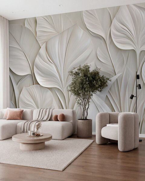 Tapet Frunze mari, realizate în stil basorelief, Fototapet 3D, Fototapet 3D Frunze, w10074 : Uwalls.ro
