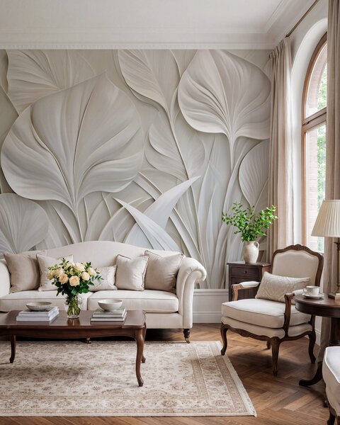Tapet Frunze mari, realizate în stil basorelief, Fototapet 3D, Fototapet 3D Frunze, w10074 : Uwalls.ro