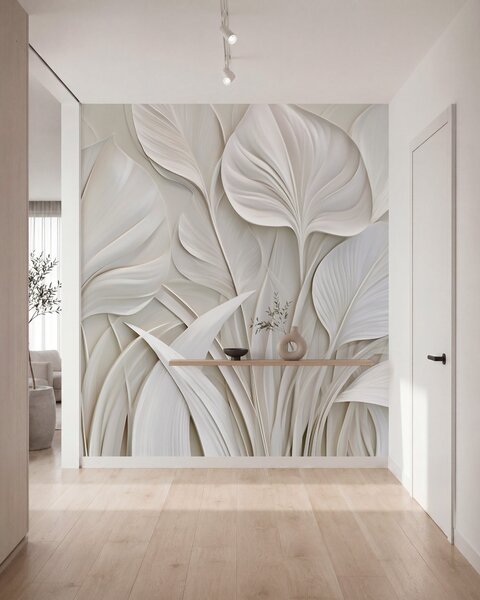 Tapet Frunze mari, realizate în stil basorelief, Fototapet 3D, Fototapet 3D Frunze, w10074 : Uwalls.ro