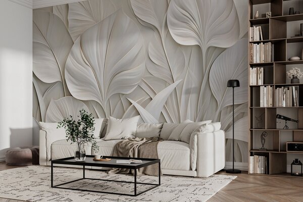 Tapet Frunze mari, realizate în stil basorelief, Fototapet 3D, Fototapet 3D Frunze, w10074 : Uwalls.ro