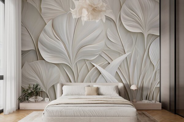 Tapet Frunze mari, realizate în stil basorelief, Fototapet 3D, Fototapet 3D Frunze, w10074 : Uwalls.ro