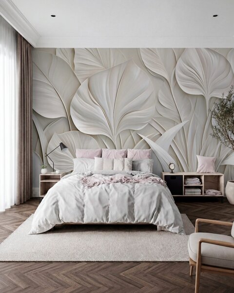 Tapet Frunze mari, realizate în stil basorelief, Fototapet 3D, Fototapet 3D Frunze, w10074 : Uwalls.ro