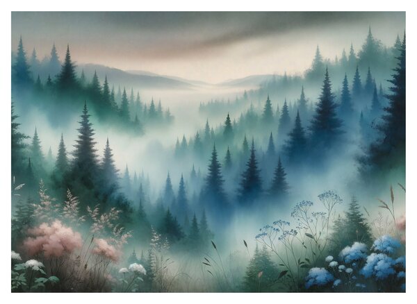 Tablou pe sticlă - Peisaj forestier cu ceață (70x50 cm)