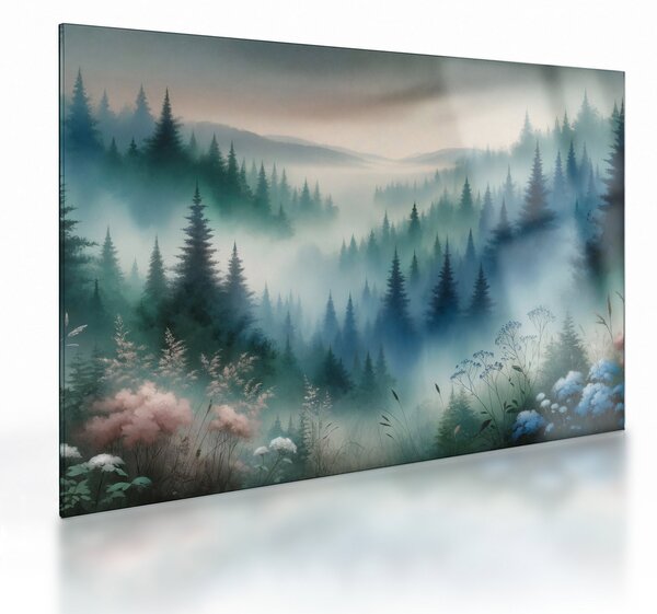 Tablou pe sticlă - Peisaj forestier cu ceață (70x50 cm)