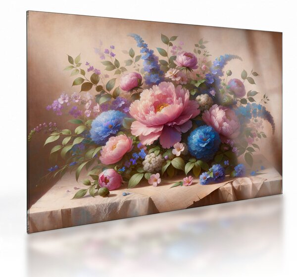 Tablou pe sticlă - Masă plină de flori (70x50 cm)