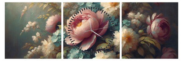 Tablou - Natură moartă cu flori - pictură (cu ceas) (90x30 cm)