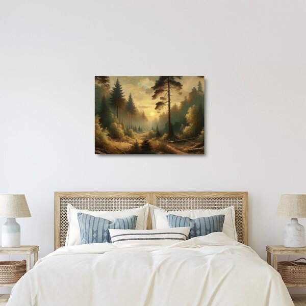 Tablou pe sticlă - Soare strălucind prin pădure (70x50 cm)