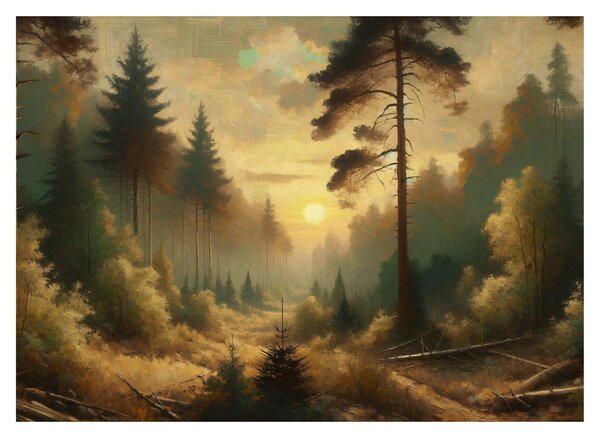 Tablou pe sticlă - Soare strălucind prin pădure (70x50 cm)