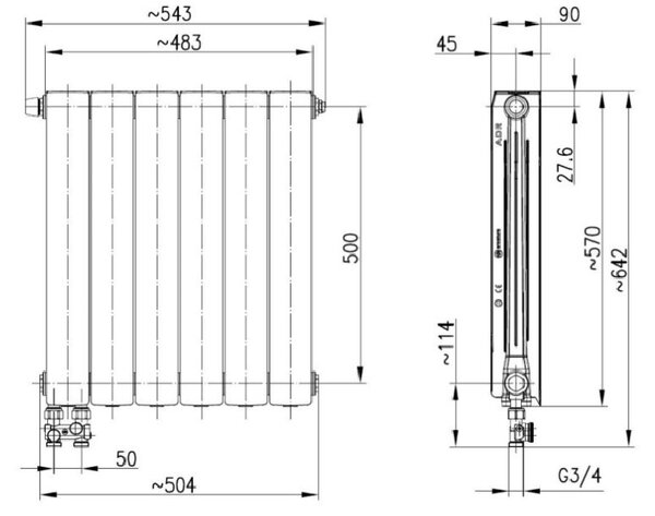 KFA Armatura ADR500 calorifer de cameră 57x48.3 cm podłączenie inferior alb 763-064-44
