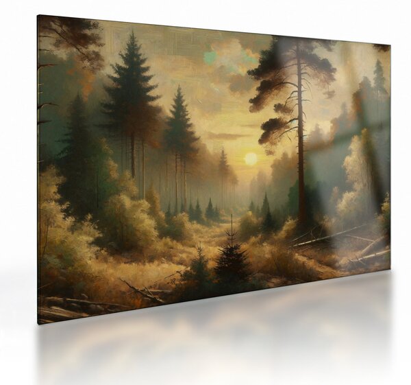 Tablou pe sticlă - Soare strălucind prin pădure (70x50 cm)