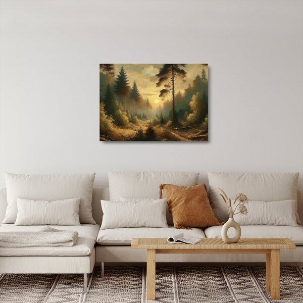 Tablou pe sticlă - Soare strălucind prin pădure (70x50 cm)