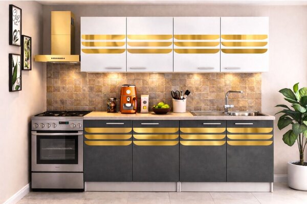 Bucatarie Dubai 180 cm Gri Alb Ornament Gold