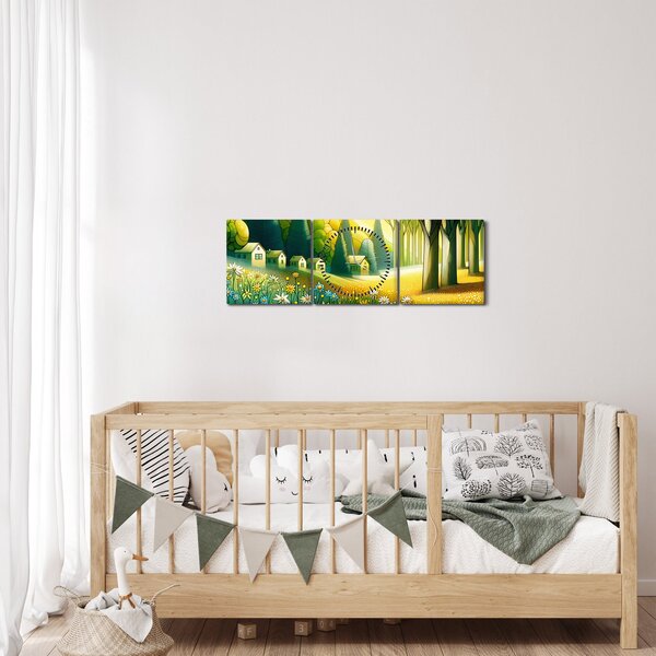 Tablou - Sat în galben-verde (cu ceas) (90x30 cm)