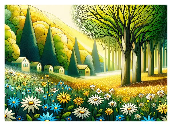 Tablou pe sticlă - Sat în galben-verde (70x50 cm)