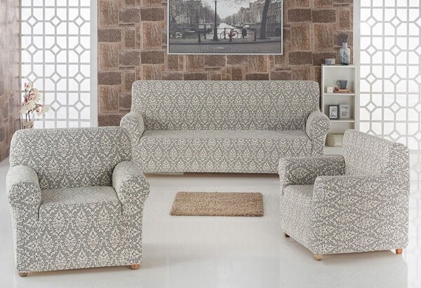 Set huse elastice pentru canapea 3 Locuri si 2 fotolii, fara volanas, model Jacquard Bej Deschis